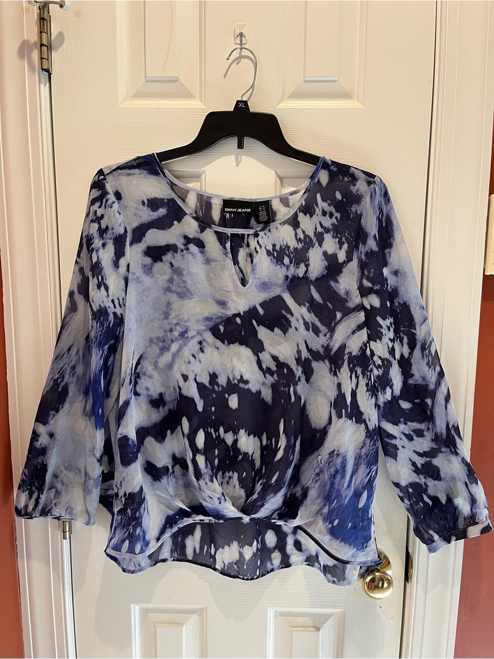 DKNY Sheer Blue Watercolor Long Sleeve Blouse Size XL